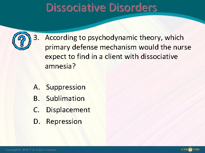 Dissociative Disorders 3. According to psychodynamic theory, which primary defense mechanism would the nurse