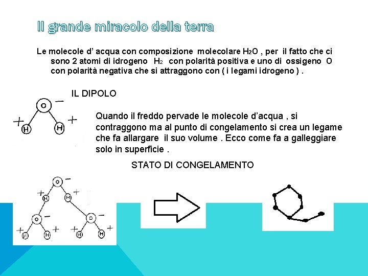 Il grande miracolo della terra Le molecole d’ acqua con composizione molecolare H 2