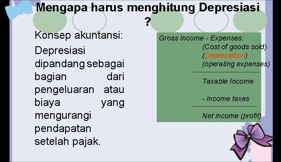 Mengapa harus menghitung Depresiasi ? Konsep akuntansi: Depresiasi dipandang sebagai bagian dari pengeluaran atau