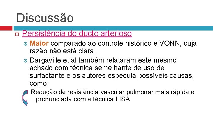 Discussão Persistência do ducto arterioso Maior comparado ao controle histórico e VONN, cuja razão