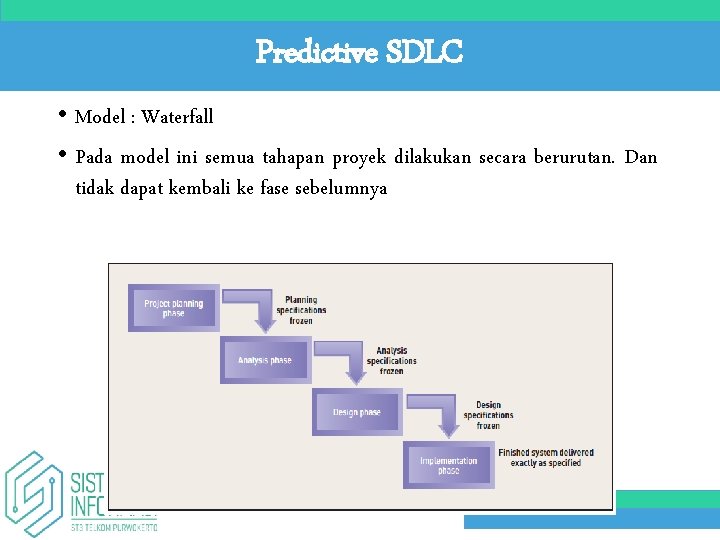 Predictive SDLC • Model : Waterfall • Pada model ini semua tahapan proyek dilakukan