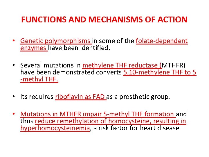 FUNCTIONS AND MECHANISMS OF ACTION • Genetic polymorphisms in some of the folate-dependent enzymes