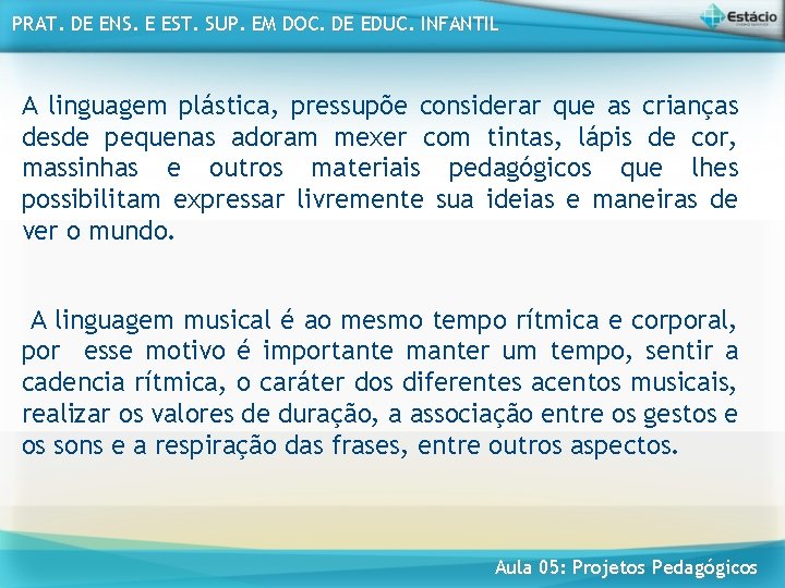 PRAT. DE ENS. E EST. SUP. EM DOC. DE EDUC. INFANTIL A linguagem plástica,