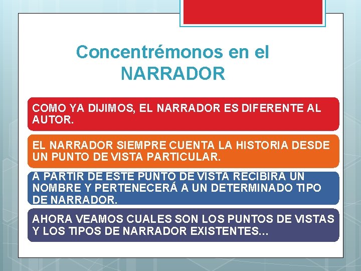 Concentrémonos en el NARRADOR COMO YA DIJIMOS, EL NARRADOR ES DIFERENTE AL AUTOR. EL