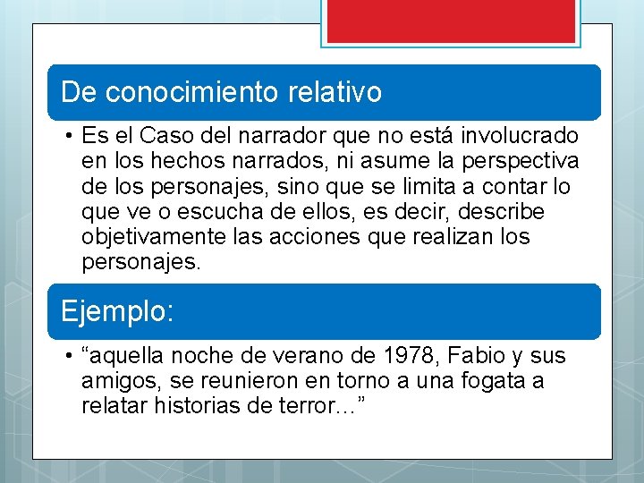 De conocimiento relativo • Es el Caso del narrador que no está involucrado en