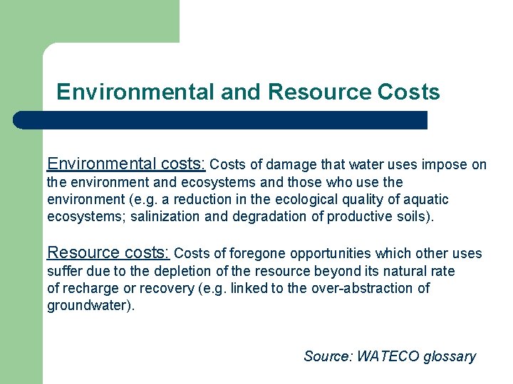 Environmental and Resource Costs Environmental costs: Costs of damage that water uses impose on