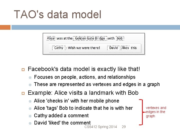 TAO's data model Facebook's data model is exactly like that! Focuses on people, actions,