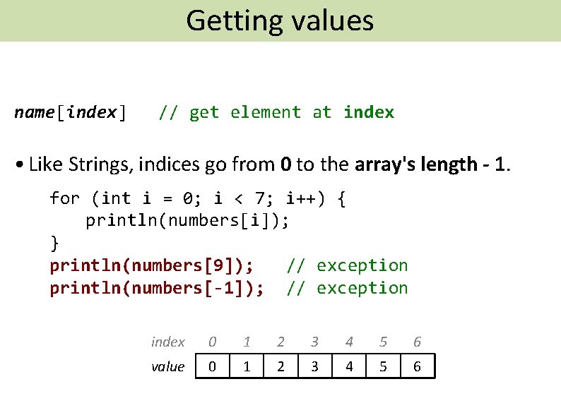 Getting values Accessing Data In An Array name[index] // get element at index •