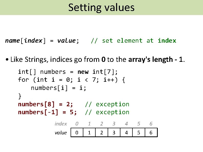 Setting values Putting Data In An Array name[index] = value; // set element at