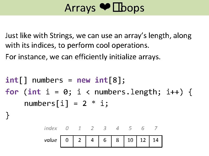 Arrays ❤� loops Just like with Strings, we can use an array’s length, along