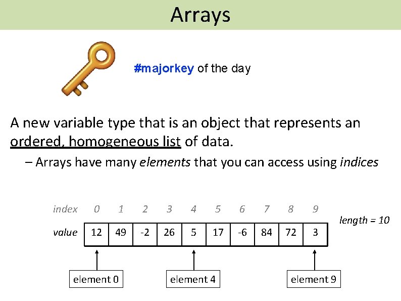 Arrays #majorkey of the day A new variable type that is an object that