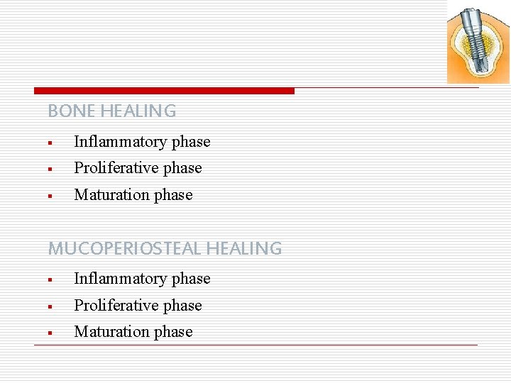 BONE HEALING § Inflammatory phase § Proliferative phase § Maturation phase MUCOPERIOSTEAL HEALING §