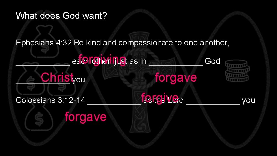 What does God want? Ephesians 4: 32 Be kind and compassionate to one another,