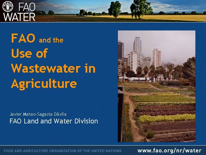 FAO and the Use of Wastewater in Agriculture Javier Mateo-Sagasta Dávila FAO Land Water