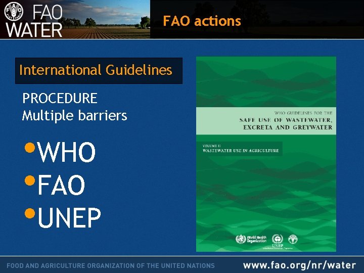 FAO actions International Guidelines PROCEDURE Multiple barriers • WHO • FAO • UNEP 