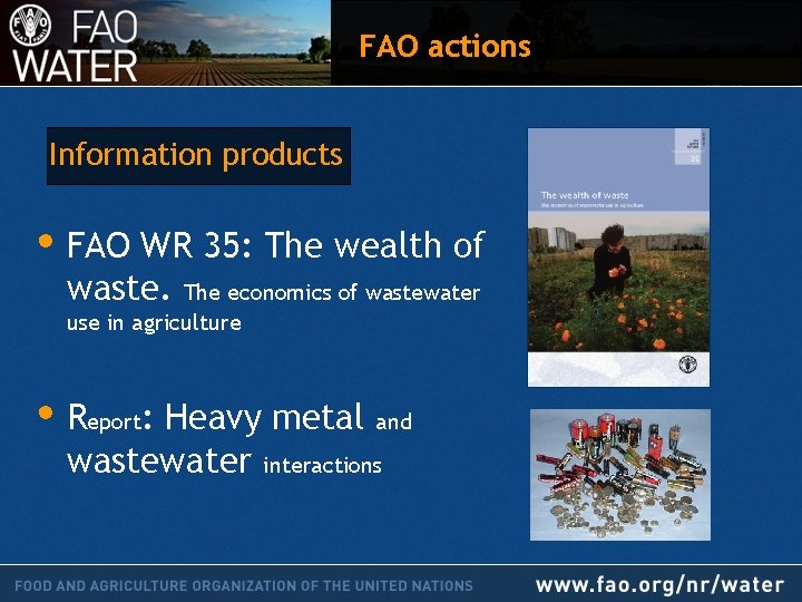 FAO actions Information products • FAO WR 35: The wealth of waste. The economics