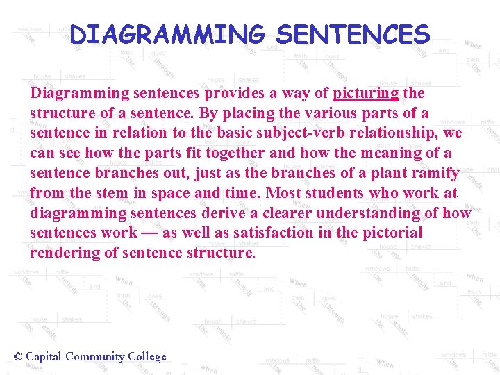 DIAGRAMMING SENTENCES Diagramming sentences provides a way of picturing the structure of a sentence.