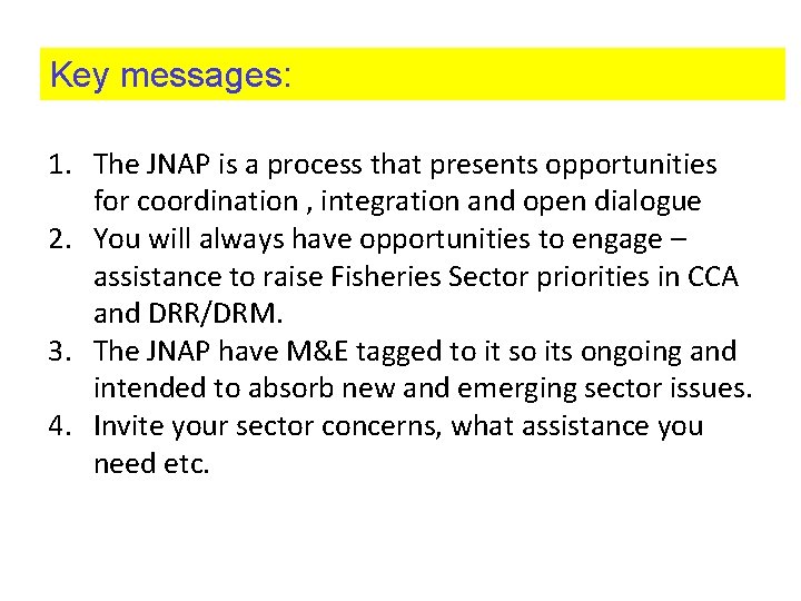 Key messages: 1. The JNAP is a process that presents opportunities for coordination ,