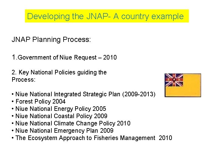 Developing the JNAP- A country example JNAP Planning Process: 1. Government of Niue Request