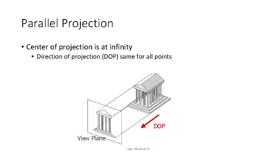 Parallel Projection • Center of projection is at infinity • Direction of projection (DOP)