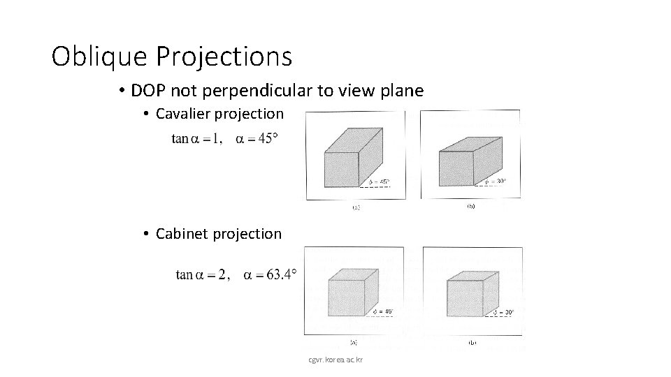 Oblique Projections • DOP not perpendicular to view plane • Cavalier projection • Cabinet