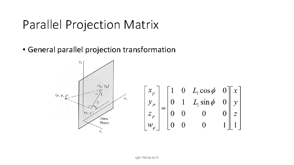 Parallel Projection Matrix • General parallel projection transformation cgvr. korea. ac. kr 
