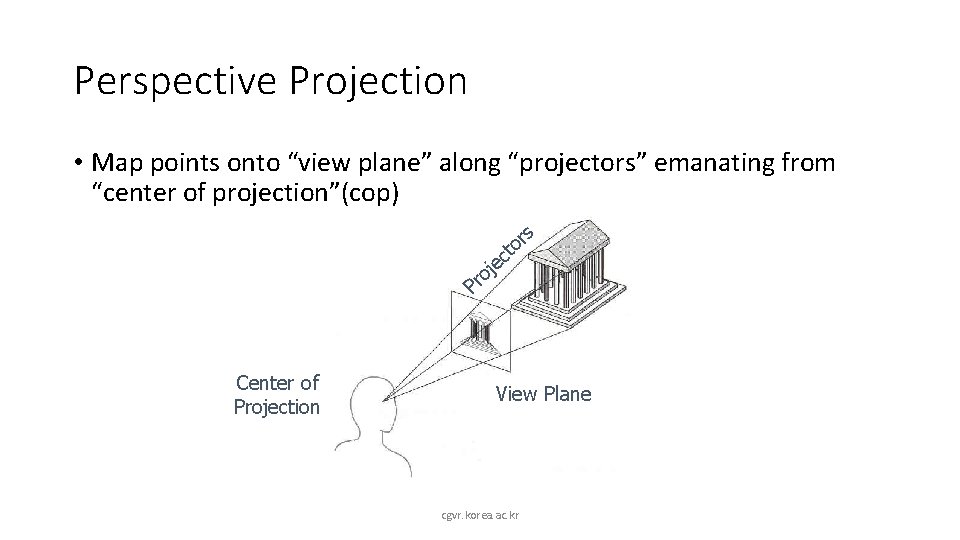 Perspective Projection • Map points onto “view plane” along “projectors” emanating from “center of