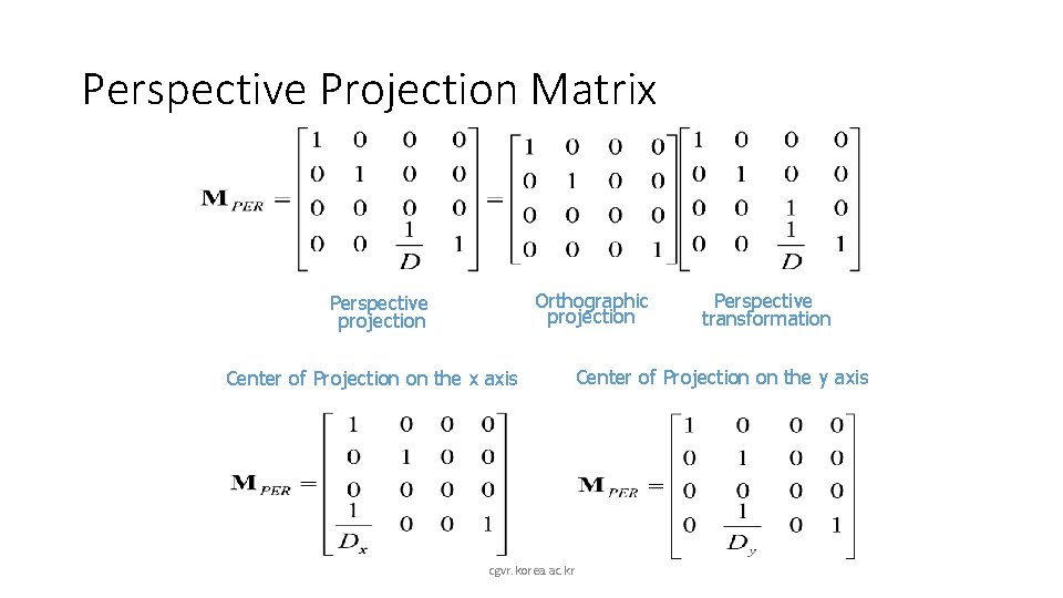 Perspective Projection Matrix Orthographic projection Perspective projection Center of Projection on the x axis