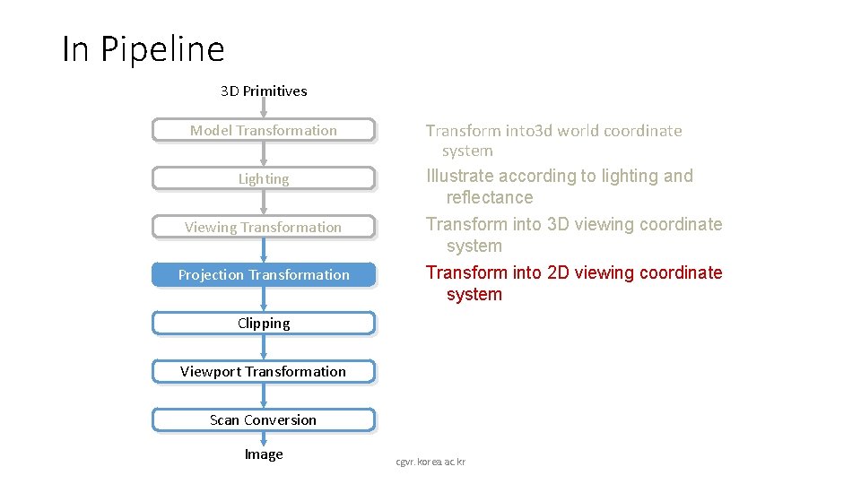 In Pipeline 3 D Primitives Model Transformation Lighting Viewing Transformation Projection Transformation Transform into