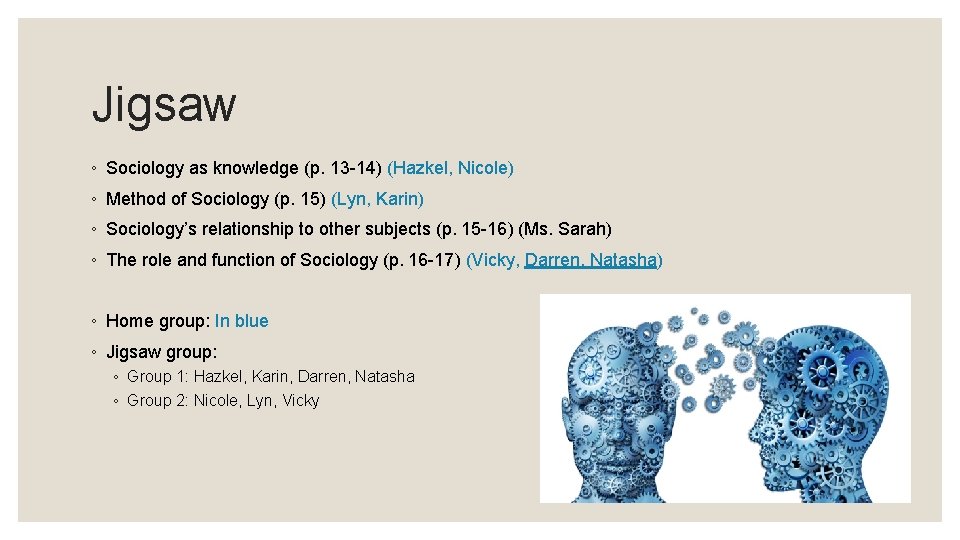 Jigsaw ◦ Sociology as knowledge (p. 13 -14) (Hazkel, Nicole) ◦ Method of Sociology