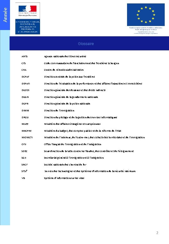 Année Glossaire ANTS Agence nationale des titres sécurisés CFS Code communautaire de franchissement des Année Glossaire ANTS Agence nationale des titres sécurisés CFS Code communautaire de franchissement des