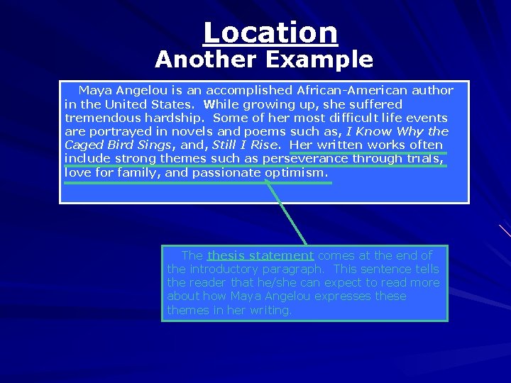 Location Another Example Maya Angelou is an accomplished African-American author in the United States.