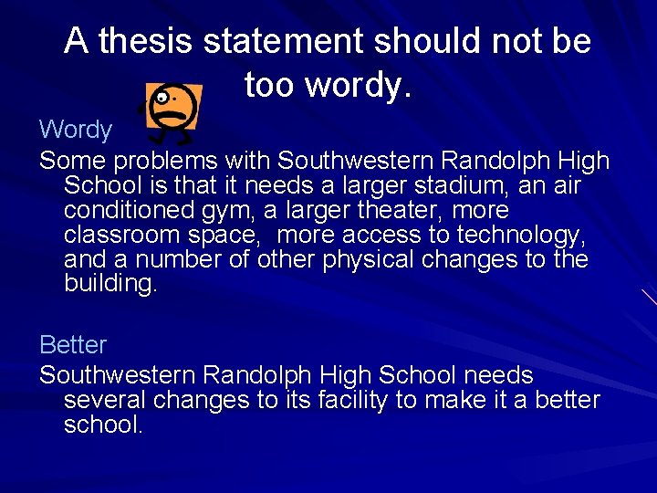 A thesis statement should not be too wordy. Wordy Some problems with Southwestern Randolph