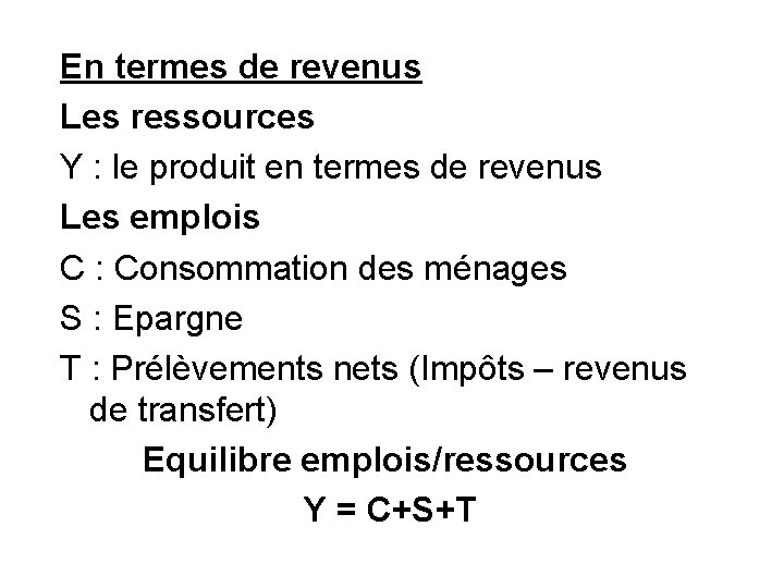 En termes de revenus Les ressources Y : le produit en termes de revenus