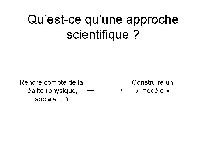 Qu’est-ce qu’une approche scientifique ? Rendre compte de la réalité (physique, sociale …) Construire