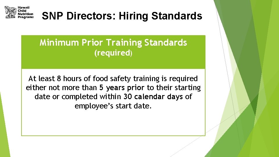 SNP Directors: Hiring Standards Minimum Prior Training Standards (required) At least 8 hours of