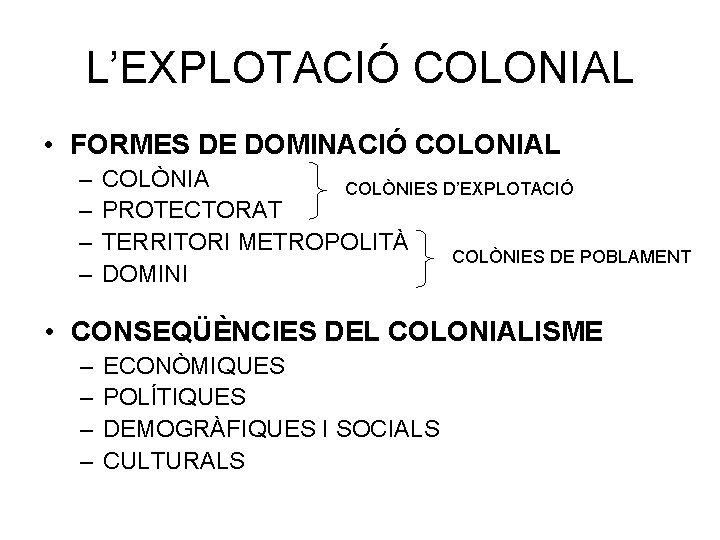 L’EXPLOTACIÓ COLONIAL • FORMES DE DOMINACIÓ COLONIAL – – COLÒNIA COLÒNIES D’EXPLOTACIÓ PROTECTORAT TERRITORI