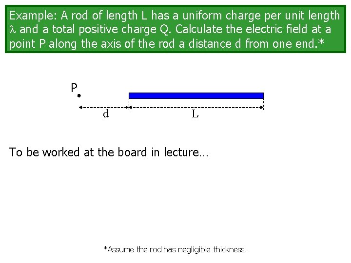 Example: A rod of length L has a uniform charge per unit length and