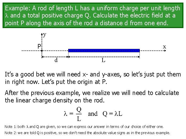 Example: A rod of length L has a uniform charge per unit length and