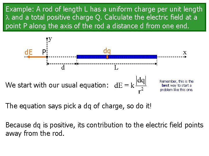 Example: A rod of length L has a uniform charge per unit length and