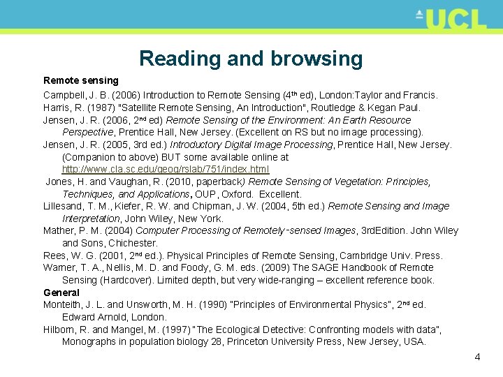 Reading and browsing Remote sensing Campbell, J. B. (2006) Introduction to Remote Sensing (4