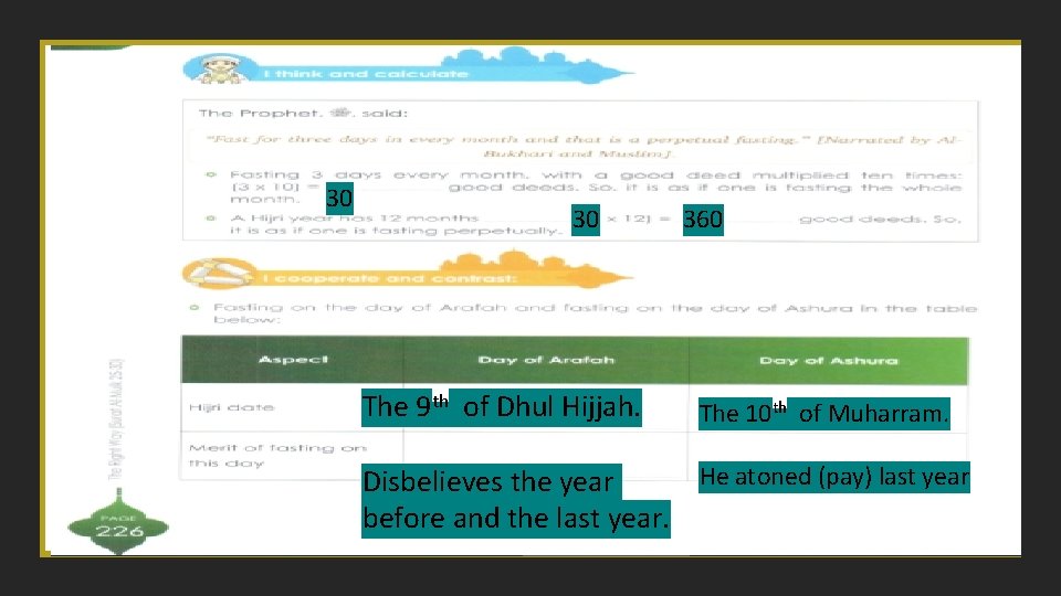 30 30 The 9 th of Dhul Hijjah. 360 The 10 th of Muharram.