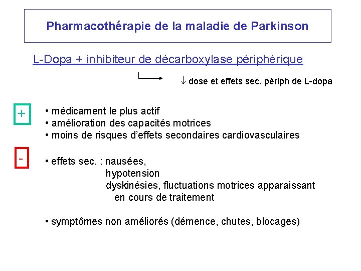 Pharmacothérapie de la maladie de Parkinson L-Dopa + inhibiteur de décarboxylase périphérique dose et