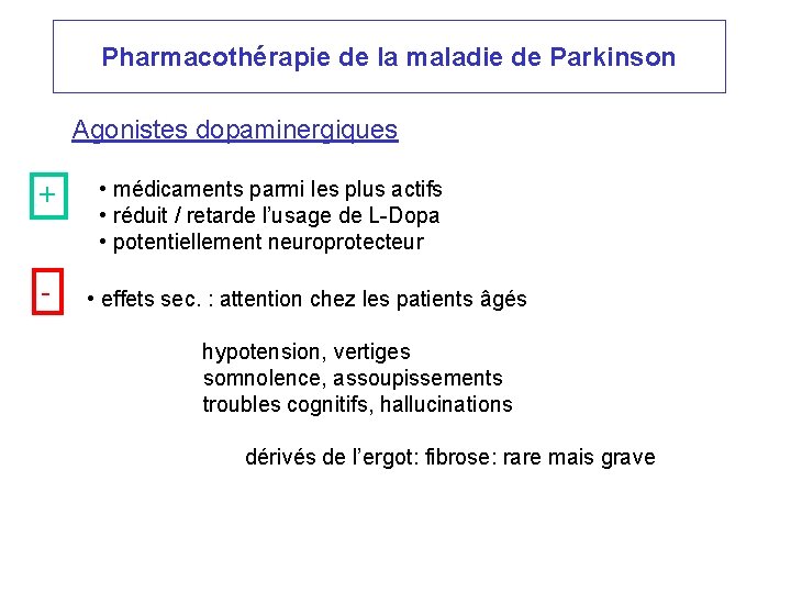 Pharmacothérapie de la maladie de Parkinson Agonistes dopaminergiques + - • médicaments parmi les