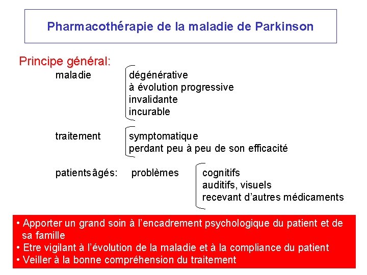 Pharmacothérapie de la maladie de Parkinson Principe général: maladie dégénérative à évolution progressive invalidante