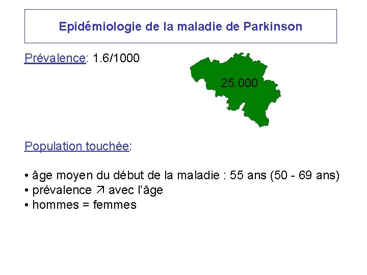 Epidémiologie de la maladie de Parkinson Prévalence: 1. 6/1000 25. 000 Population touchée: •