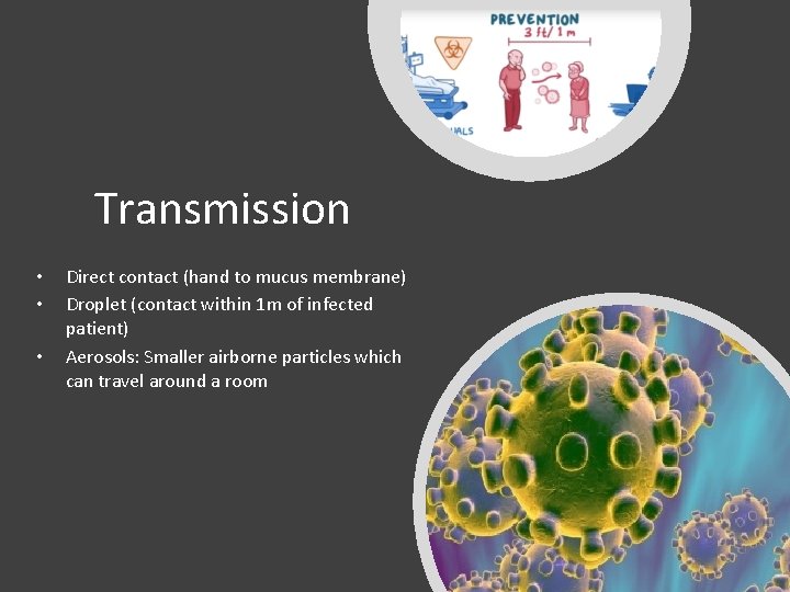 Transmission • • • Direct contact (hand to mucus membrane) Droplet (contact within 1