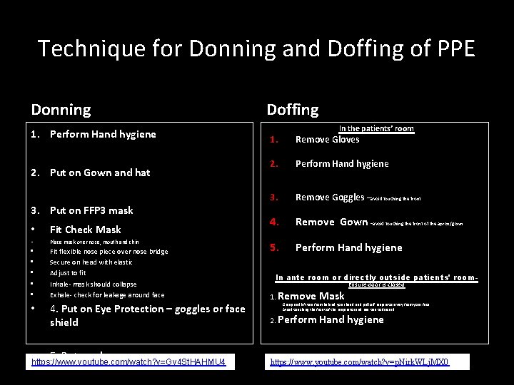 Technique for Donning and Doffing of PPE Donning 1. Perform Hand hygiene 2. Put