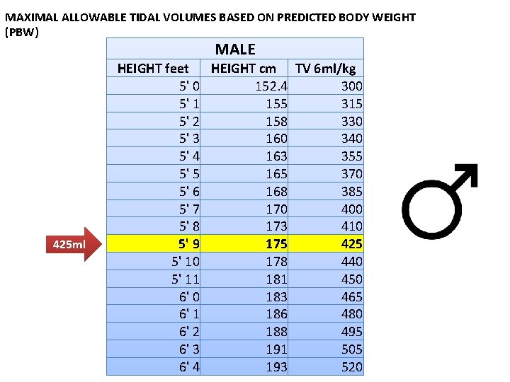 MAXIMAL ALLOWABLE TIDAL VOLUMES BASED ON PREDICTED BODY WEIGHT (PBW) MALE 425 ml HEIGHT