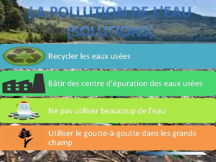 Recycler les eaux usées Bâtir des centre d’épuration des eaux usées Ne pas utiliser